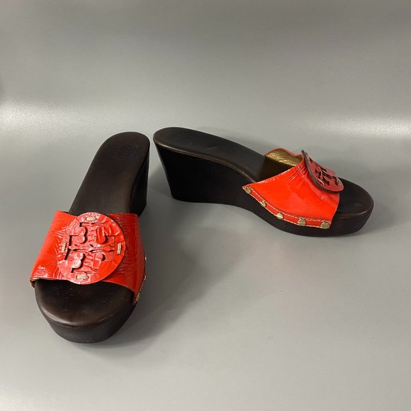 Tory Burch Shoes - Tory Burch Platform Slides Orange Patent Leather Top, Size 8 M